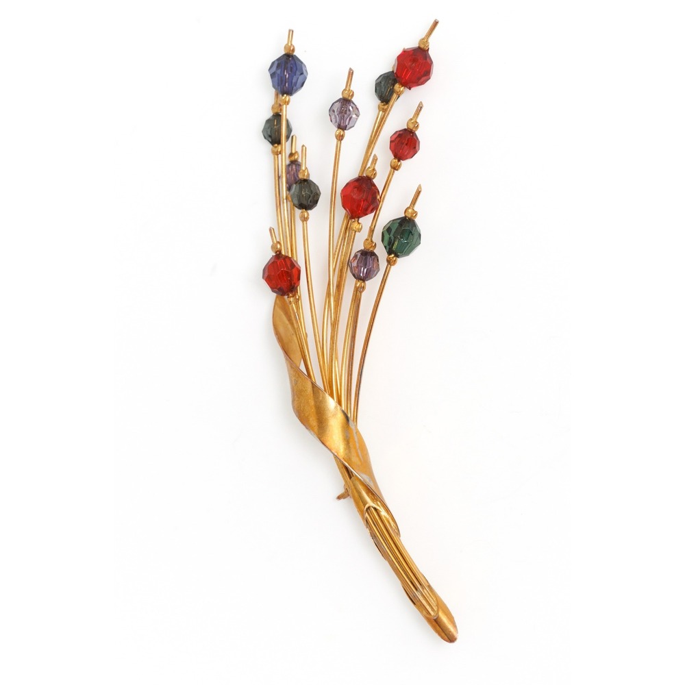 Vintage 1950s Floral Spray Brooch Multicolored Beads Gold Metal
